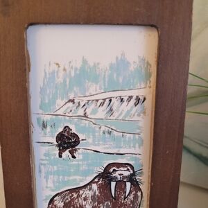 Vintage The Walrus Hunter Handmade Ceranic Tile Framed In Walnut